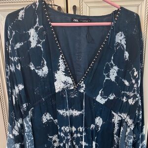 Zara Navy and White Patterned Dress